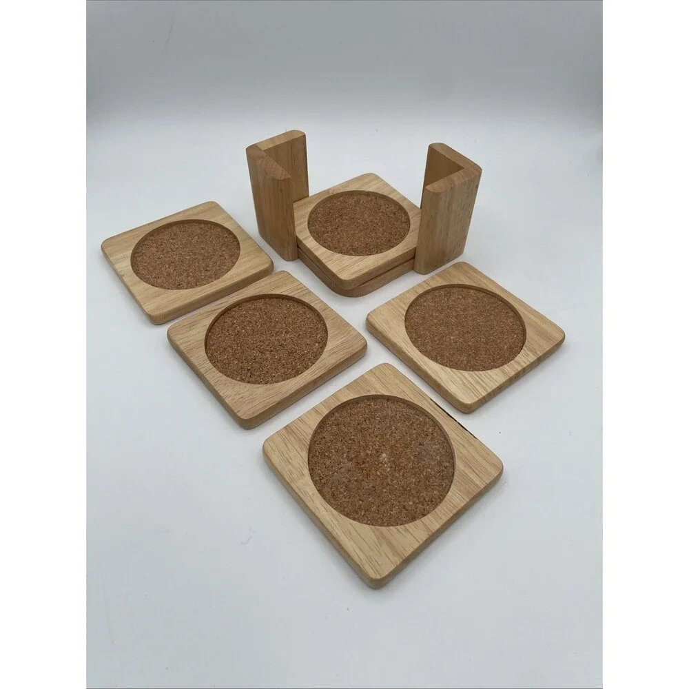 Set Of 5 MCM Vintage Light Wood Drink Coaster Set with Holder CORK TAIWAN